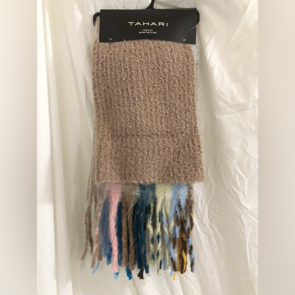 Tahari tan blue multi striped mohair style fringed winter scarf & beanie hat set
